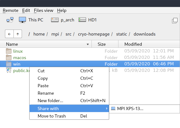Screenshot of cryo share with context menu