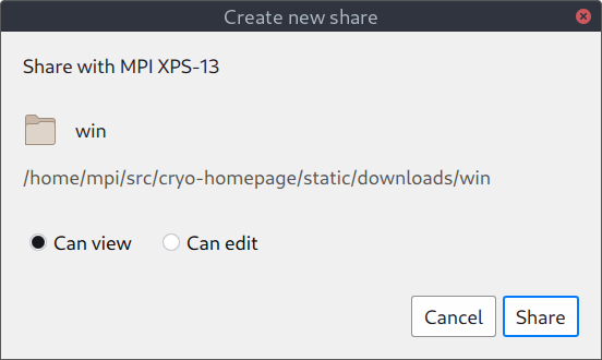 Screenshot cryo create new share dialog